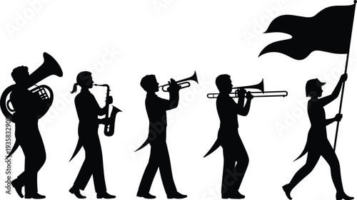 Silhouette marching band with sousaphone, saxophone, trumpet, trombone, flag bearer, parade performance, musical celebration, artistic illustration