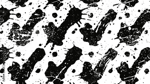 Black ink splatters on white background pattern, grunge paint stains and blotches texture