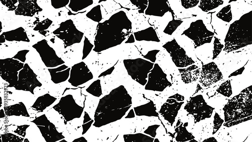 Black and white abstract cracked pattern distressed grunge texture background with irregular polygon shapes for design