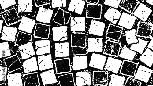 Black and white mosaic tile pattern grunge texture with irregular square shapes decorative abstract background design