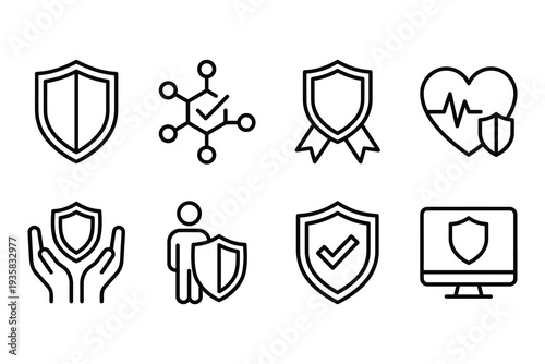 Security and safety icons: shield, network, badge, heart monitor, hands holding shield, computer screen