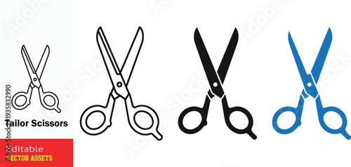 Vector scissors icons collection: Set of tailor shears and cutting tool symbols. Professional silhouettes, minimalist outlines, and blue variants for fashion design, sewing, crafts, and stationery.