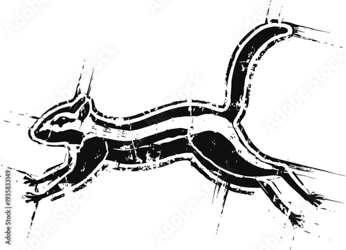 stylized black and white illustration of a running squirrel with dynamic sketch lines