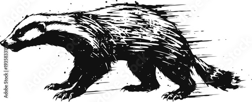 running badger silhouette with speed motion lines wild animal black ink drawing fast movement wildlife sketch