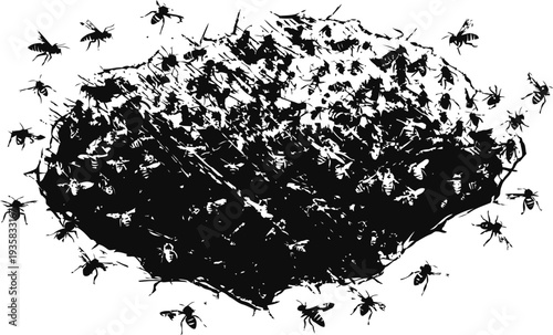 Bee swarm cluster on large honeycomb hive silhouette close up top view