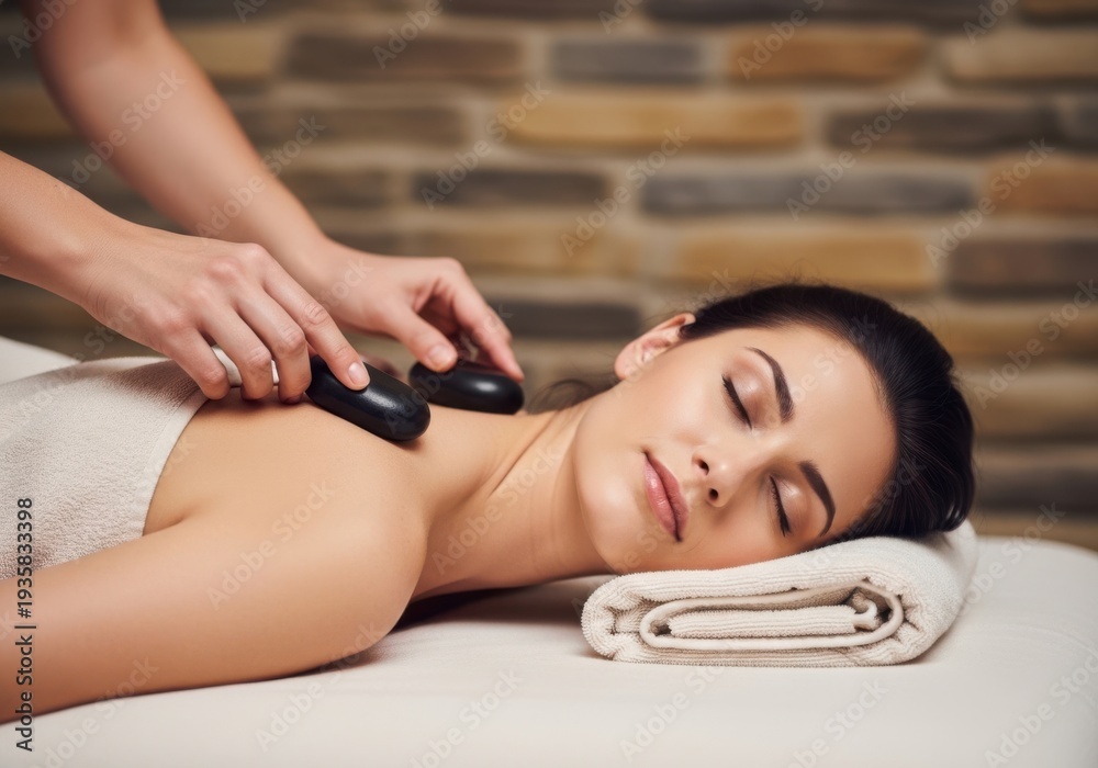 Obraz premium Woman receiving hot stone massage therapy on a massage table