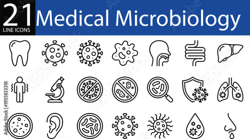 Medical microbiology line icon set in outline style, virus bacteria, organs, microscope, and protection