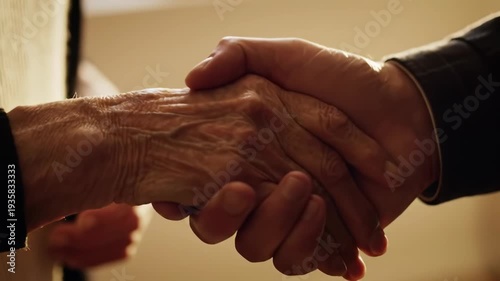 A close-up captures the profound connection between generations as an elderly hand clasps a younger one in a symbolic handshake, embodying trust, respect, and the passage of time.