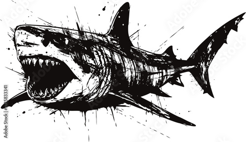 Fierce great white shark illustration with open jaws, aggressive sea predator in black ink splatter