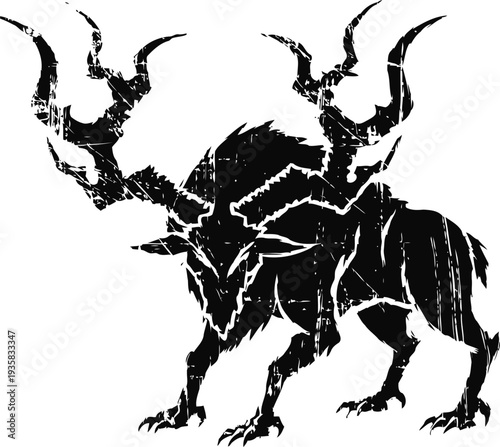 dark fantasy creature with large twisted horns and fierce stance silhouette