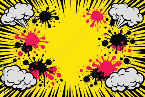 Explosive comic style burst with dynamic ink splatters and thought clouds