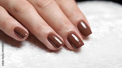 Elegant Brown Nail Polish on a Hand Resting on a White Surface.
