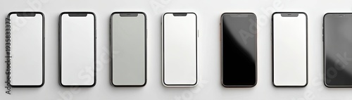 Seven modern smartphones lined up on a white surface, various colors