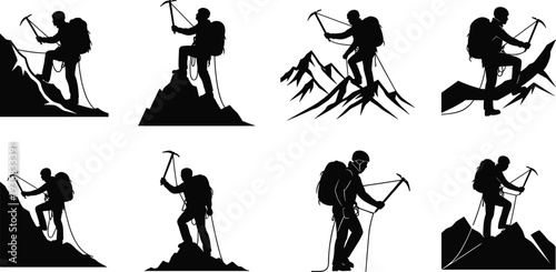 Silhouette mountain climbers with ice axes on snowy peaks, adventure hiking, extreme sports, outdoor exploration challenge