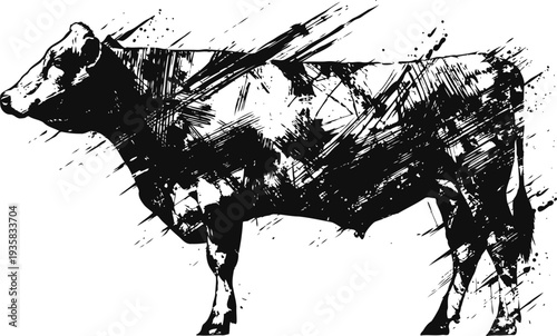 abstract black and white cow illustration with grunge brush strokes and sketchy