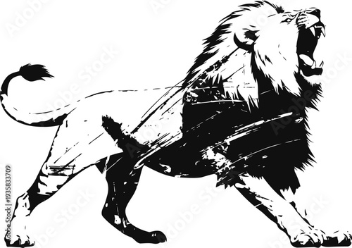 Roaring lion silhouette with cityscape double exposure effect and dynamic brush strokes