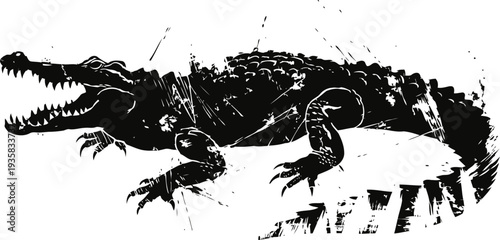 Black silhouette of a crocodile with open jaws and sharp teeth standing on rough textured surface