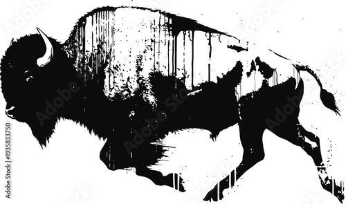 Black silhouette of a buffalo with paint drip effect, abstract wildlife art design