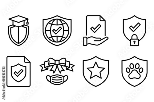 Protection and security icons: graduation cap shield, globe shield, document check, lock shield, paw print