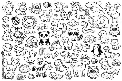 Whimsical black and white line drawing collection of diverse animals and objects