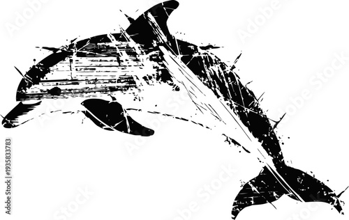 Grunge dolphin silhouette jumping with textured distressed splash effect isolated on white background