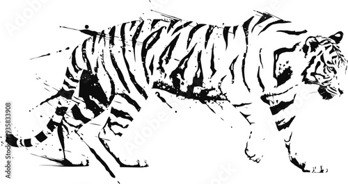 Black and white tiger illustration with dynamic brush stroke effect and abstract design