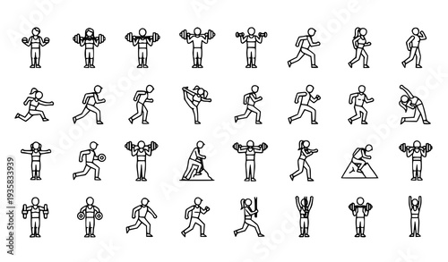 Modern Line Fitness Icons – Sport Exercise Yoga Running and Dumbbell Training Outline Vector Pack