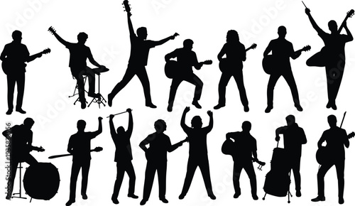 Silhouette musicians performing with guitars, drums, keyboards, and microphones, live concert entertainment, energetic music band illustration design