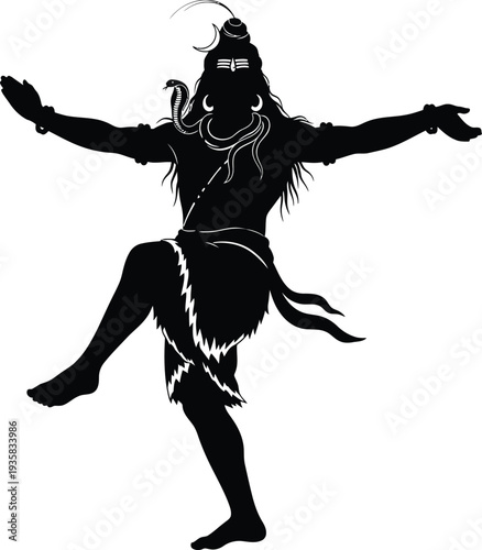 "Black Silhouette Shiva Nataraja Dance Illustration for Hindu Spiritual Art, Cultural Symbolism, and Religious Iconography Projects"