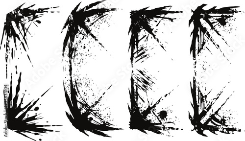 Grunge corner frames set black ink splatter borders with rough brush strokes and distressed texture background elements