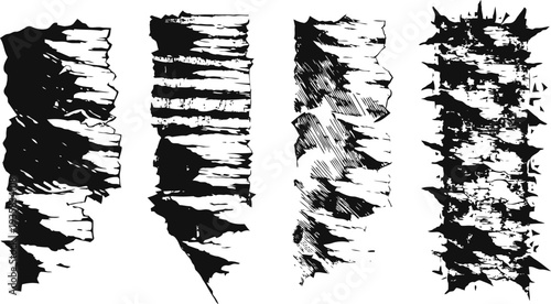 grunge vertical stripes set with rough distressed texture and ink blot effects for retro and vintage graphic design