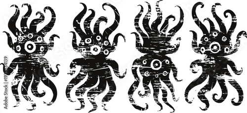 Tribal octopus tattoo designs set of four black stylized sea creature illustrations