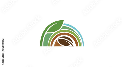 This elegant semi-circular logo design features stylized leaves intertwined with curved arches, resembling a peaceful sunrise over agricultural fields. With harmonious green, brown, and blue tones.