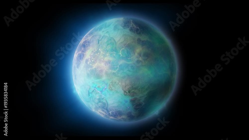 A planet with a mountainous and canyon-like terrain orbits in the depths of space. This video is suitable for space and science projects.
