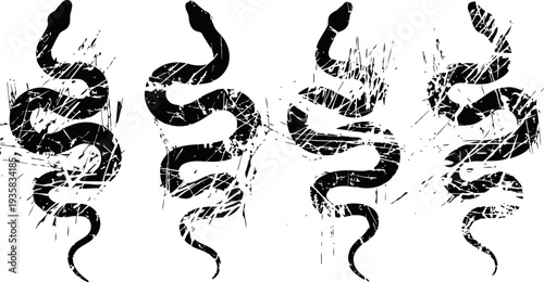 grunge snake silhouettes set black serpent shapes with splatter effect reptile tattoo design elements