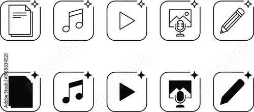 Set of media player icons for document music video image and text editor application