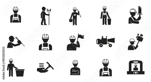 Collection of construction worker icons and symbols.
