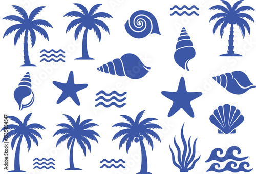 Summer vacation elements such as palm trees seashells and starfish in blue color