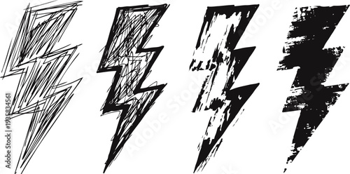 hand drawn black lightning bolts with grunge and sketch effects, set of four bold electric symbols