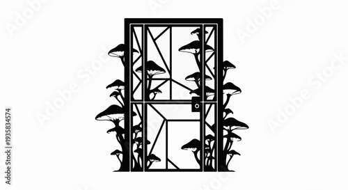Mysterious doorway overgrown with fantastical mushrooms in a dark, natural setting.