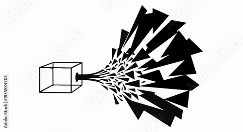 Abstract explosion of geometric shapes bursting from a cube, representing creativity and innovation.