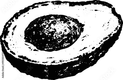Half avocado with seed inside detailed black and white sketch illustration