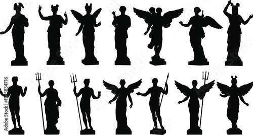 Silhouette of Ancient Greek and Roman Statues, Mythological Figures, Gods and Goddesses, Winged Angels, Historical Sculptures for Art and Design