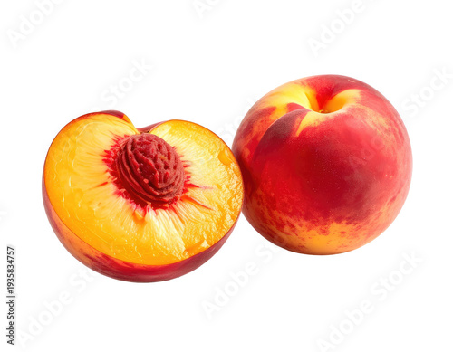 Juicy nectarine, whole and halved, reveals vibrant flesh and stone
