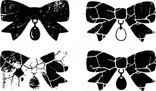 Black vintage bow ribbons with hanging pendants textured set for design accents