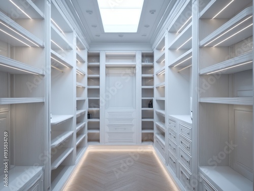 Elegant white walk-in closet with ample storage space. Recessed lighting highlights clean, minimalist design. Wooden floor adds warmth to the bright interior