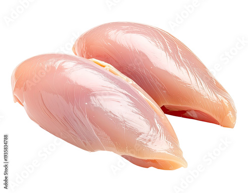 Two raw, uncooked chicken breast fillets with smooth, pale pink flesh