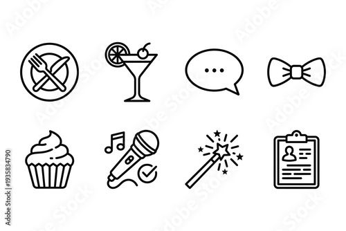 Celebration and event icons: no food, cocktail, chat bubble, bow tie, cupcake, microphone, magic wand