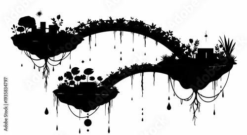 Surreal floating islands connected by organic bridges, a mysterious fantasy landscape.