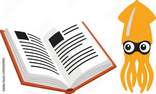 Open book with black and white text next to an orange squid icon on a transparent background